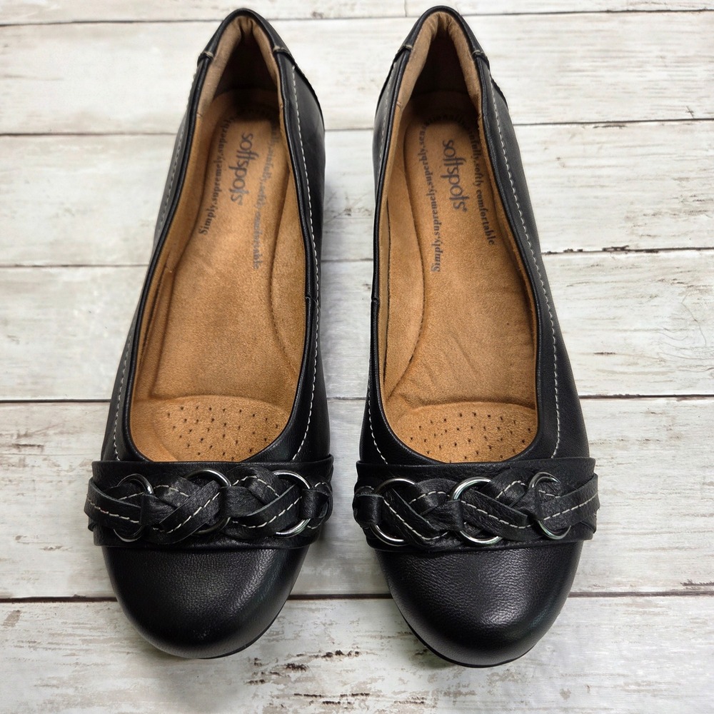 Softspots 751801 Leather Braided Ring Flat Shoes Womens 9.5 WW Black Low Wedge